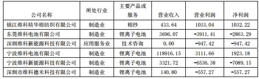 2018年完對(duì)維科電池凈利潤(rùn)的影響達(dá)到10%以上子公司業(yè)績(jī)
